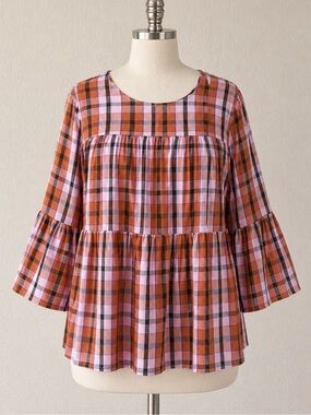 Tiered Babydoll Top 1X Cotton Blend Plaid Bell Sleeves Spring Blouse Festival